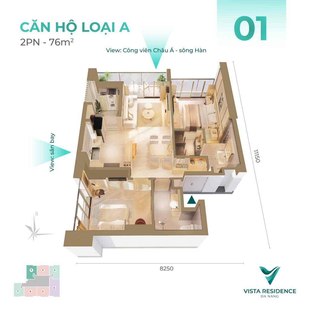 Mặt bằng căn hộ Vista Residence loại căn A - 2PN