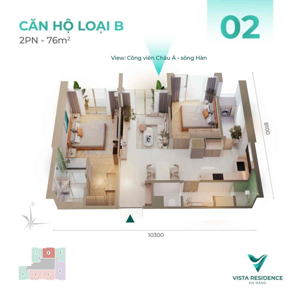 Mặt bằng căn hộ Vista Residence loại căn B - 2PN