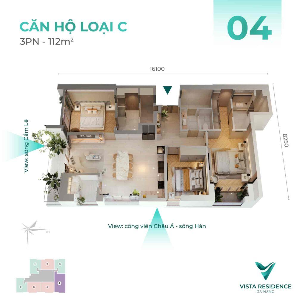 Mặt bằng căn hộ Vista Residence loại căn C - 3PN