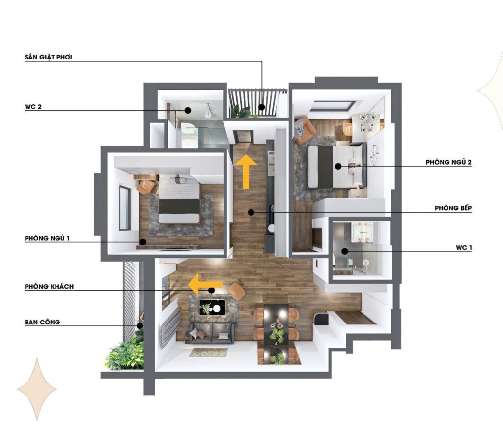 Mặt bằng điển hình căn hộ 2 Phòng ngủ dự án Mia Center Point 