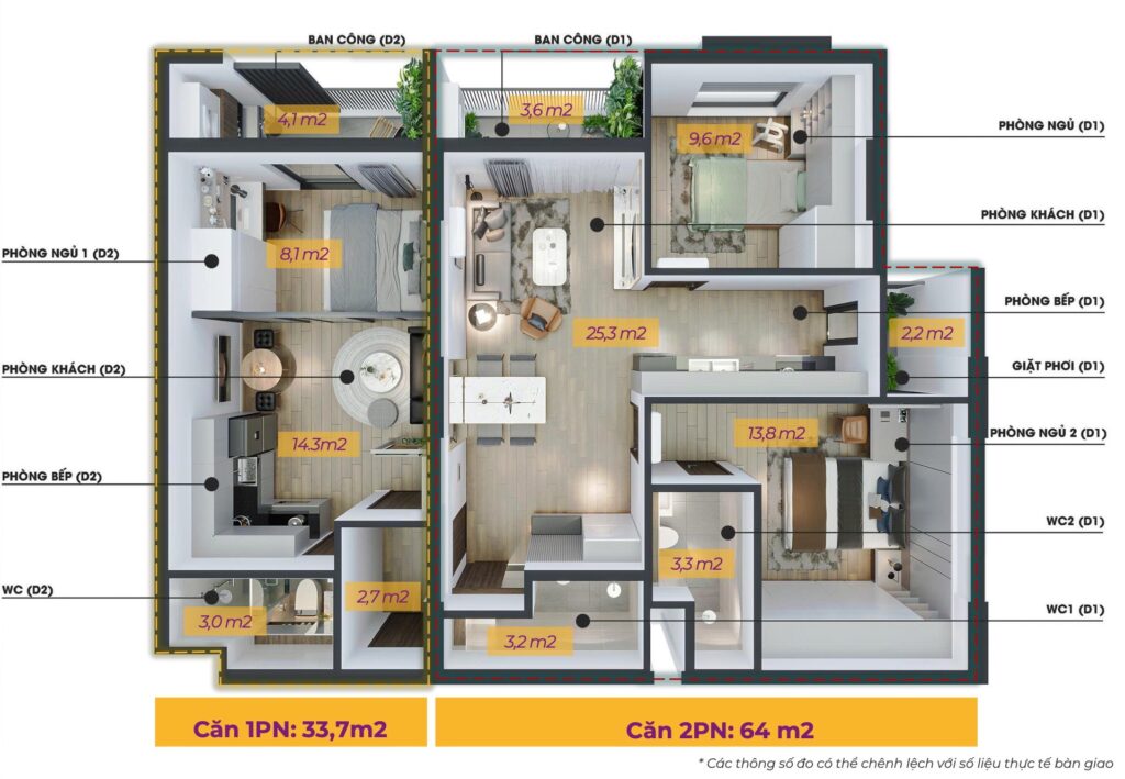 Mặt bằng điển hình căn 3 phòng ngủ - Dual Key dự án Mia Center Point