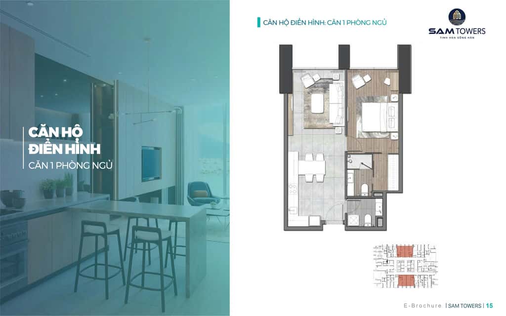 Mặt bằng căn hộ điển hình 1 phòng ngủ - Sam Towers