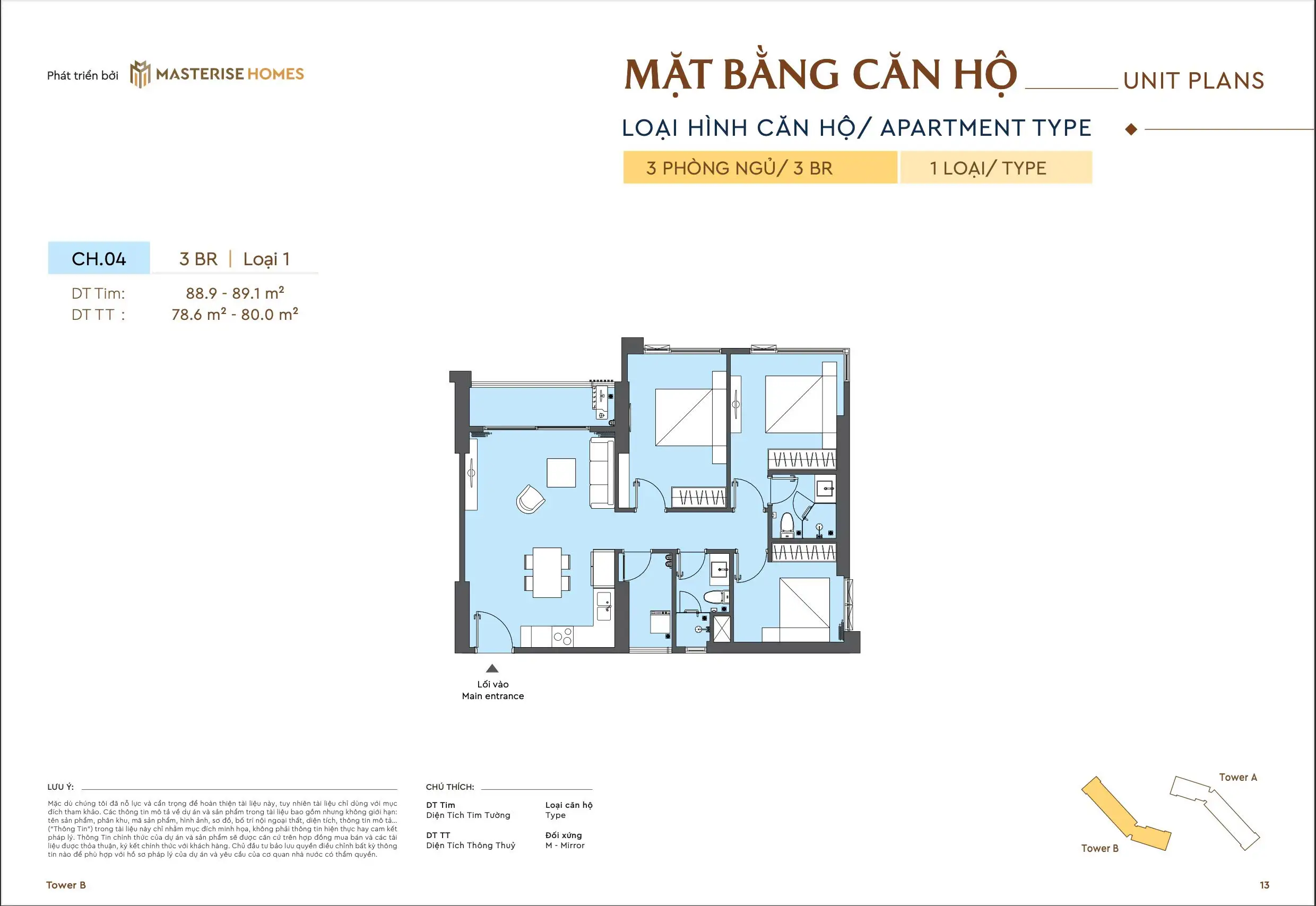 Mặt bằng căn hộ 3 phòng ngủ dự án Masteri Rivera Da Nang